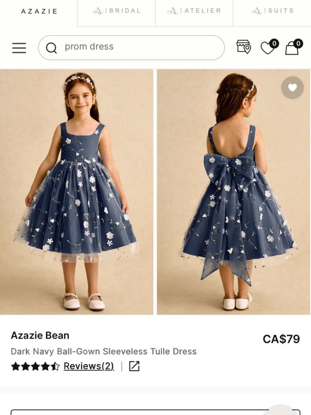 “Azazie Bean” Navy Floral Tulle Flower Girl Dress with Back Bow